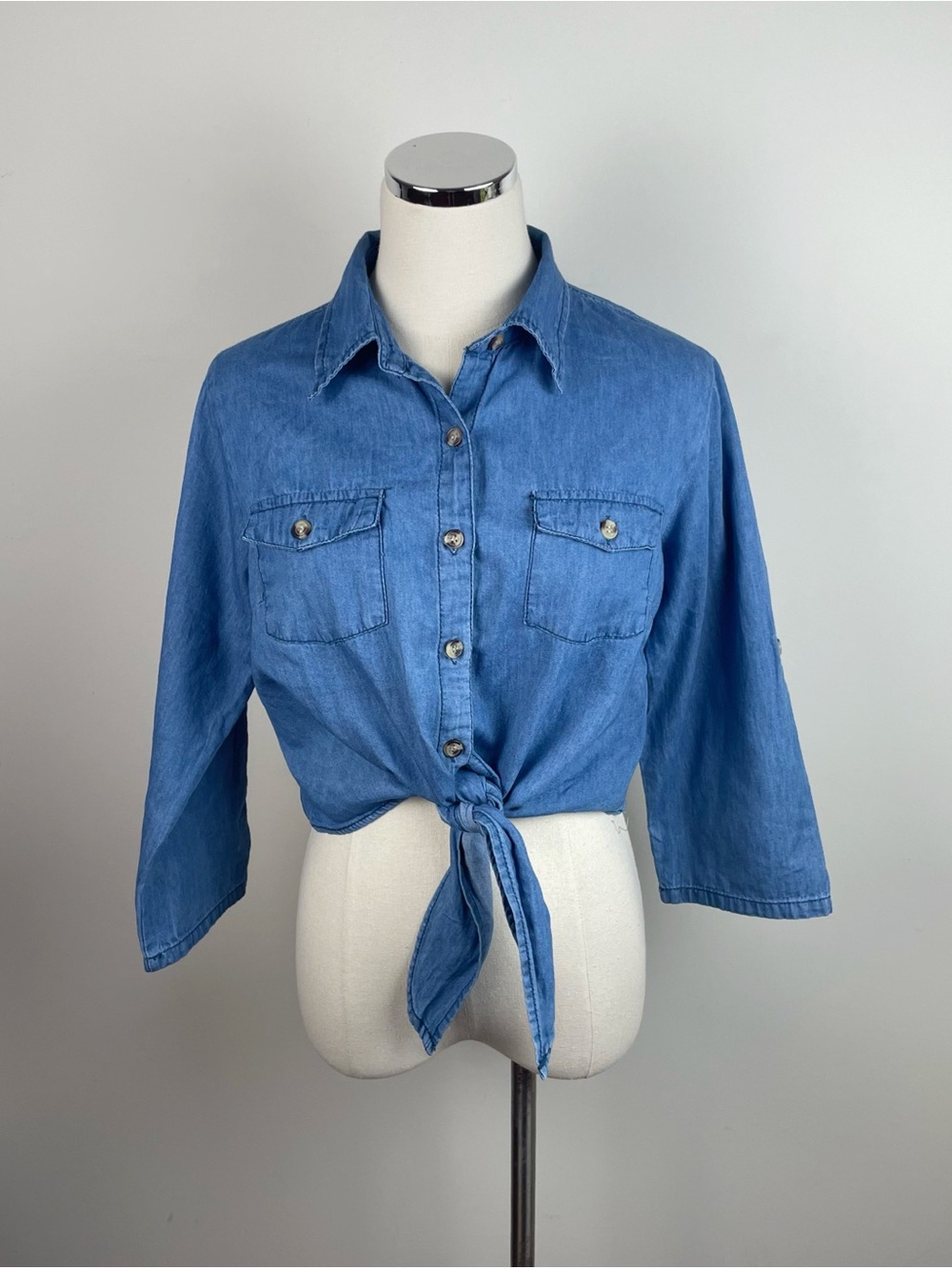 Speed Limit Mph Blue Denim Collared Button Down Tie Front Top Women Large